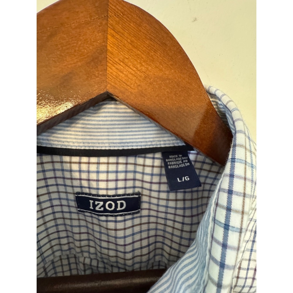 IZOD Mens Blue Brown Tattersall Check Button Down Shirt Size Large Long Sleeve - Picture 4 of 7